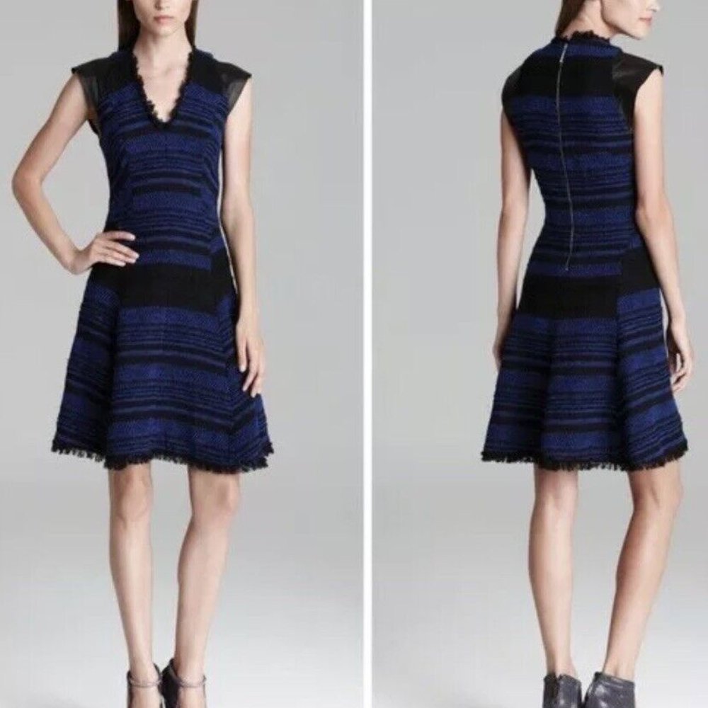 Rebecca Taylor Blue Black Striped Tweed Boucle Dress - Lamb Leather Sleeves - 10